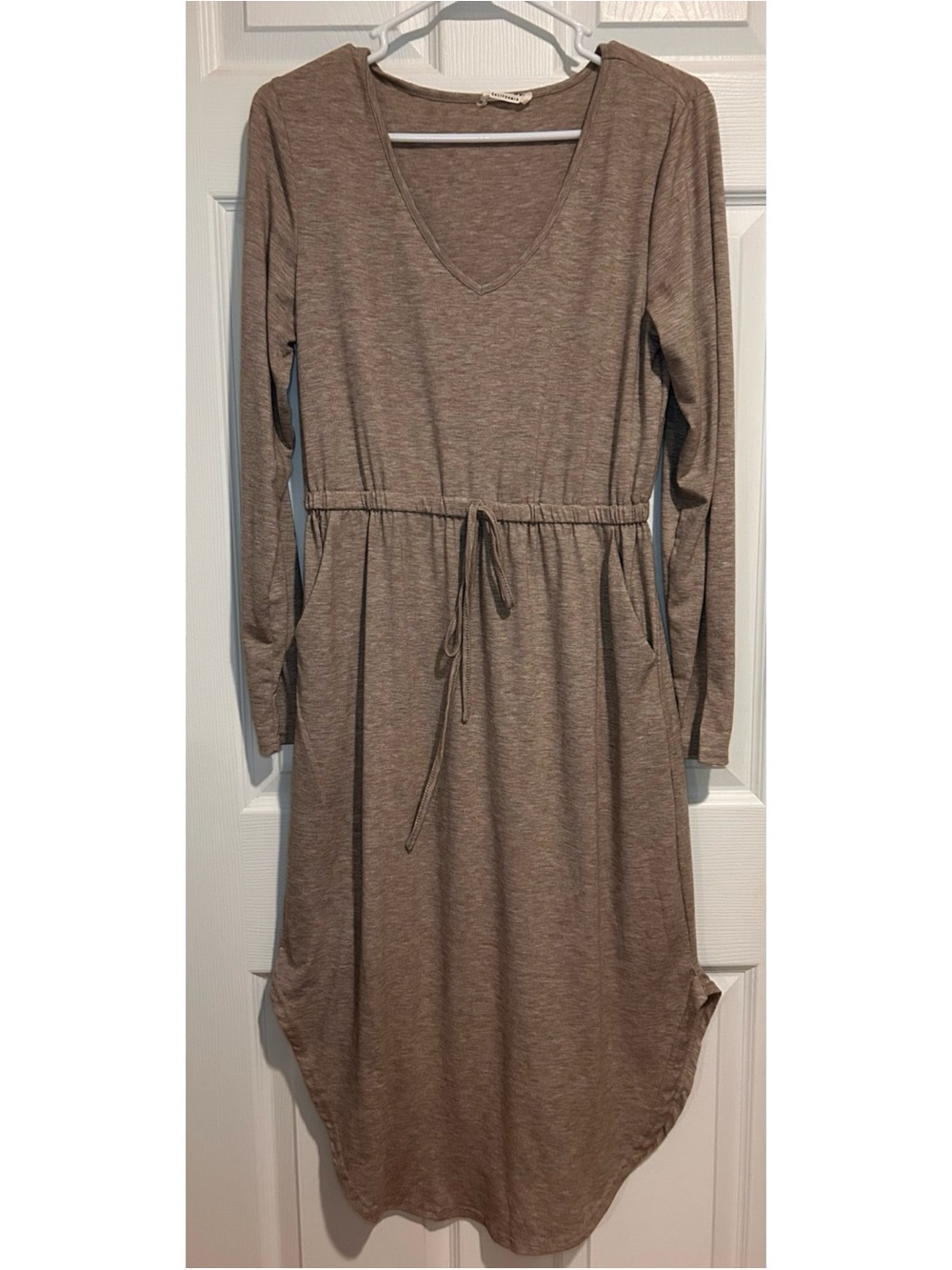 Anna-Kaci V-Neck Long Sleeve Drawstring Waist Dress in Taupe